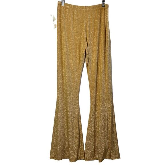 Sparkle City Pants Womens Large Wide Leg Gold Glittery Flares Stretch Festival - Picture 1 of 5